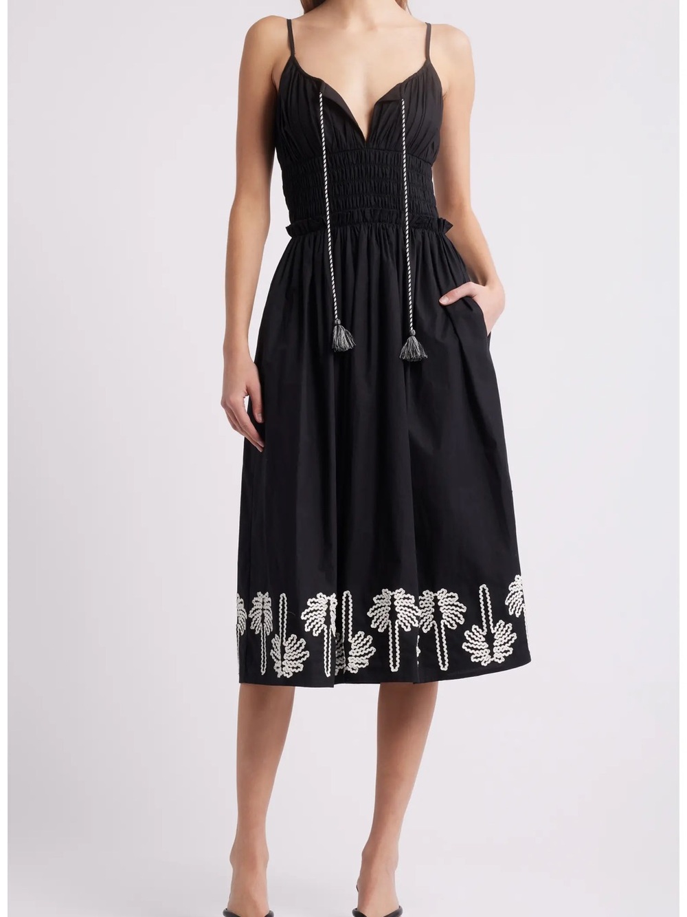 Rails Black Midi Dress with White Palm Embroidery